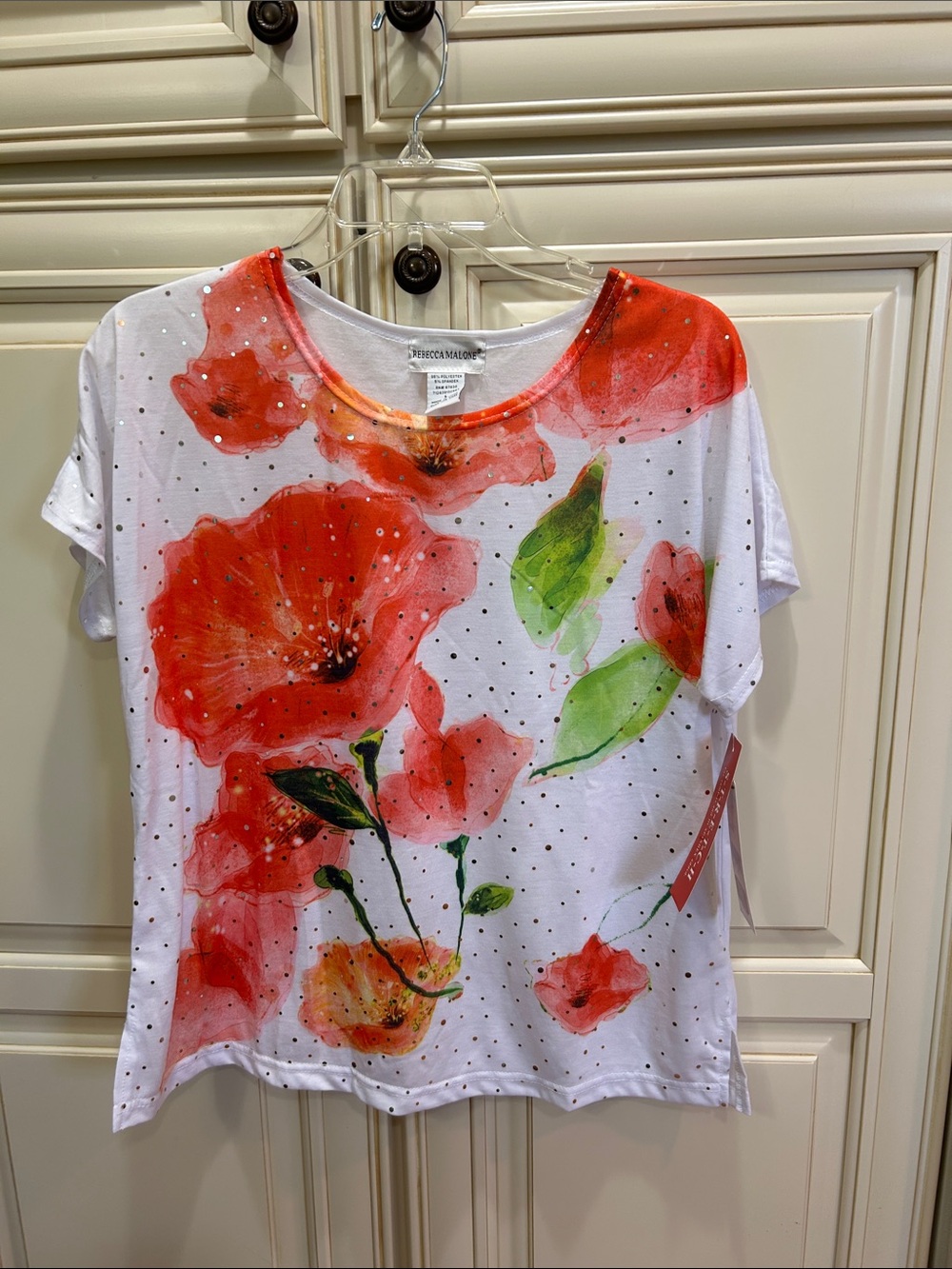 Rebecca Malone White Short-Sleeve Tee with Red Floral Print